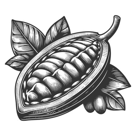 cacao pod showing cocoa beans inside, drawn in detled vintage engraving style for food and botanical themes sketch engraving raster illustration. Scratch board. Black and white image.の写真素材