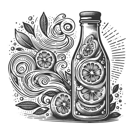 mason jar filled with lemon slices, ice cubes, and mint leaves, evoking summer freshness sketch engraving raster illustration. Scratch board imitation. Black and white image.の写真素材