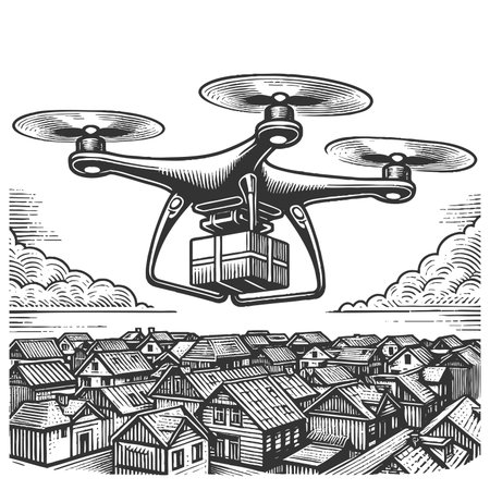 drone flying above suburban houses while delivering a package, symbolizing modern logistics sketch engraving raster illustration. Scratch board imitation. Black and white image.の写真素材