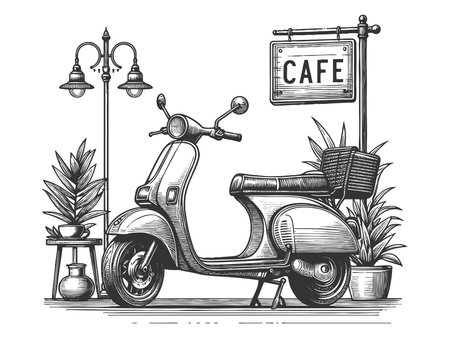 scooter parked in front of a cafe storefront, evoking retro European street charm and travel sketch engraving raster illustration. Scratch board imitation. Black and white image.の写真素材