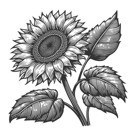 blooming sunflower with intricate detl, ideal for botanical art and natural designs sketch engraving raster illustration. Scratch board imitation. Black and white image.の写真素材