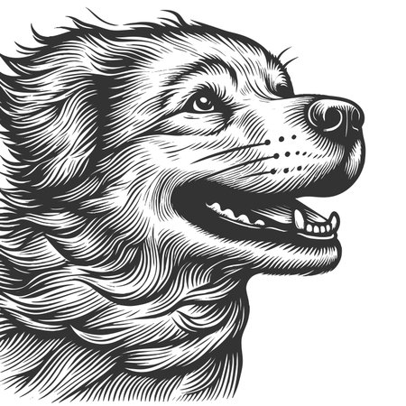 joyful dog with flowing fur sketch engraving raster illustration. Scratch board imitation. Black and white image.の写真素材