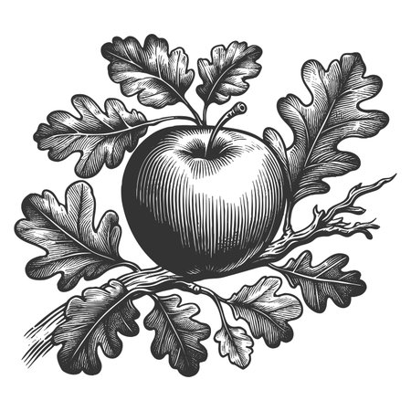 apple growing on an oak tree branch with distinct oak leaves, blending realism with surreal botanical art sketch engraving raster illustration. Scratch board. Black and white image.の写真素材