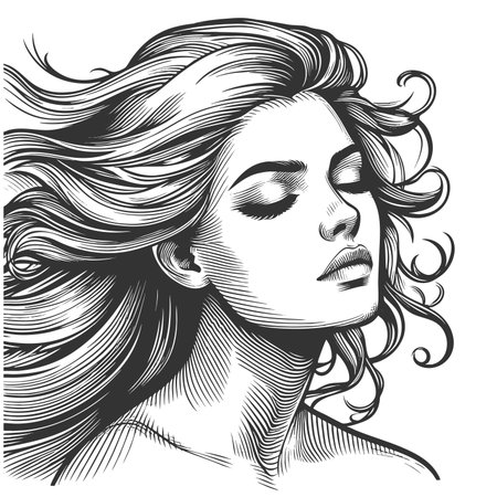 woman with eyes closed and long, wavy hr blowing in the wind, evoking elegance and calm sketch engraving fictional character raster illustration. Scratch board. Black and white image.の写真素材