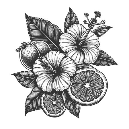 Hibiscus flower and Citrus lemon fruit sketch engraving raster illustration. Scratch board imitation. Black and white image.の写真素材