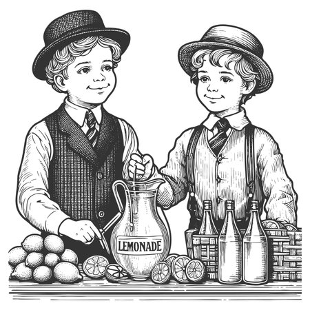 young boys at a lemonade stand, serving a drink with lemons, jars, and bottles on a rustic table sketch engraving raster illustration. Scratch board imitation. Black and white image.の写真素材