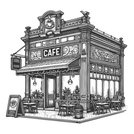 charming outdoor street cafe with tables, chrs, awning, and storefront window display sketch engraving raster illustration. Scratch board imitation. Black and white image.の写真素材