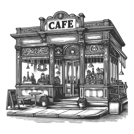charming outdoor street cafe with tables, chrs, awning, and storefront window display sketch engraving raster illustration. Scratch board imitation. Black and white image.の写真素材