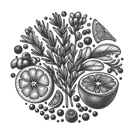Citrus and Herbs sketch engraving raster illustration. Scratch board imitation. Black and white image.の写真素材