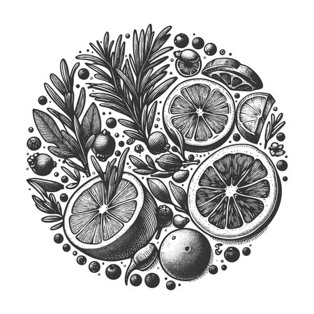 Citrus and Herbs sketch engraving raster illustration. Scratch board imitation. Black and white image.の写真素材