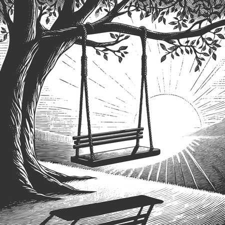 wooden swing hanging from a tree branch with detled leaves and shadow cast on the ground sketch engraving raster illustration. Scratch board imitation. Black and white image.の写真素材