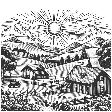 countryside farm with barn, tractor, fencing, trees, and wheat fields sketch engraving raster illustration. Scratch board imitation. Black and white image.の写真素材
