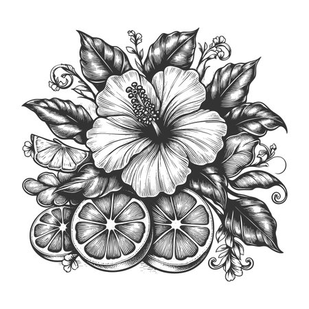 Hibiscus flower and Citrus lemon fruit sketch engraving raster illustration. Scratch board imitation. Black and white image.の写真素材