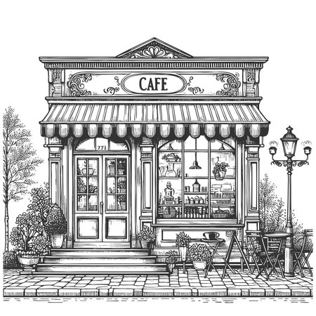 charming outdoor street cafe with tables, chrs, awning, and storefront window display sketch engraving raster illustration. Scratch board imitation. Black and white image.の写真素材