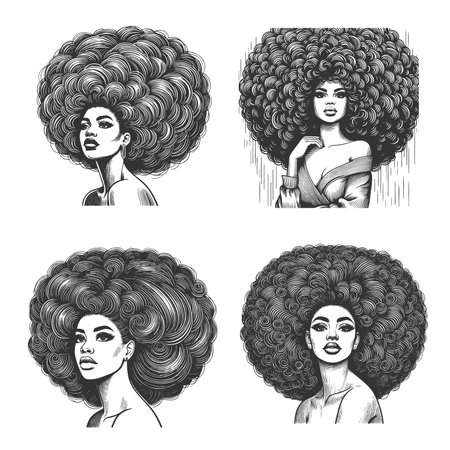 woman with large Afro hrstyle set collection, beauty, confidence, bold fashion sketch engraving fictional character raster illustration. Scratch board imitation. Black and white image.の写真素材