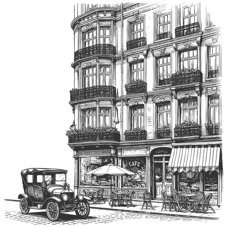 charming outdoor street cafe with tables, chrs, awning, and storefront window display sketch engraving raster illustration. Scratch board imitation. Black and white image.の写真素材