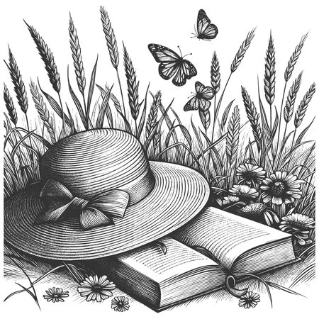 straw hat, open book, flowers, and butterflies in a wheat field, evoking nostalgic summer vibes sketch engraving raster illustration. Scratch board imitation. Black and white image.の写真素材