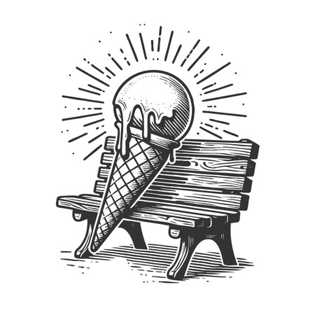 melting ice cream cone on a wooden bench under the hot sun, evoking summer heat sketch engraving raster illustration. Scratch board imitation. Black and white image.の写真素材
