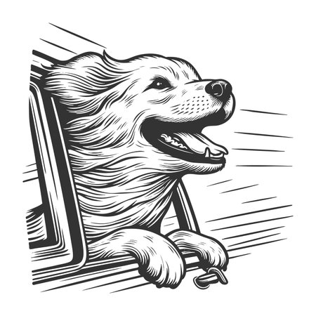 happy dog with its head out of a moving car window, fur blowing in the wind sketch engraving raster illustration. Scratch board imitation. Black and white image.の写真素材