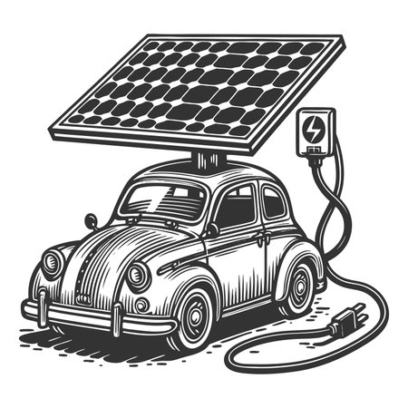 vintage car connected to solar-powered electric charging station, blending history and clean energy sketch engraving raster illustration. Scratch board imitation. Black and white image.の写真素材