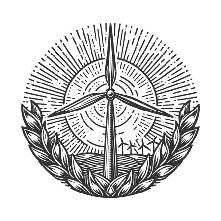 wind turbine framed by a sunburst and laurel wreath, symbolizing clean energy, nature, and sustnability sketch engraving raster illustration. Scratch board. Black and white image.の写真素材