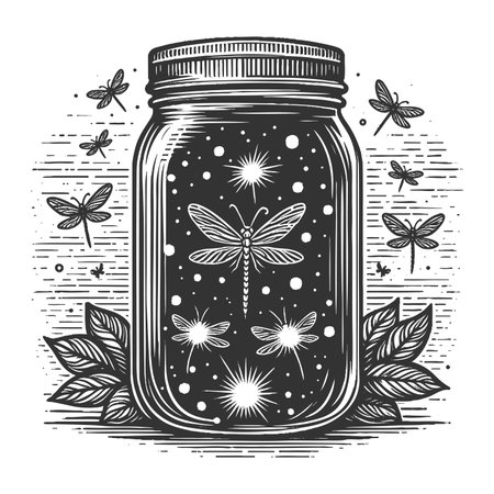 glowing fireflies inside a mason jar surrounded by leaves, with stars twinkling in the night sky sketch engraving raster illustration. Scratch board imitation. Black and white image.の写真素材