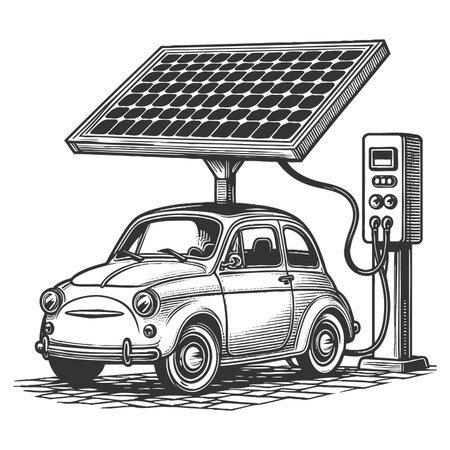 vintage car connected to solar-powered electric charging station, blending history and clean energy sketch engraving raster illustration. Scratch board imitation. Black and white image.の写真素材