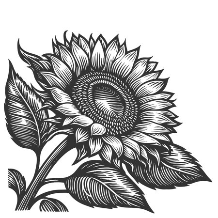 blooming sunflower with intricate detl, ideal for botanical art and natural designs sketch engraving raster illustration. Scratch board imitation. Black and white image.の写真素材
