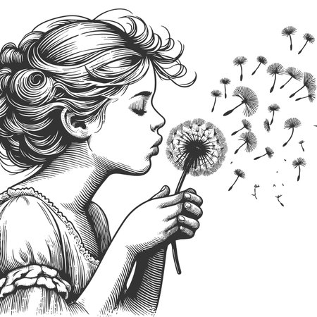 Girl blowing a dandelion, symbolizing wishes, freedom, and the fleeting nature of time sketch engraving fictional character raster illustration. Scratch board. Black and white image.の写真素材