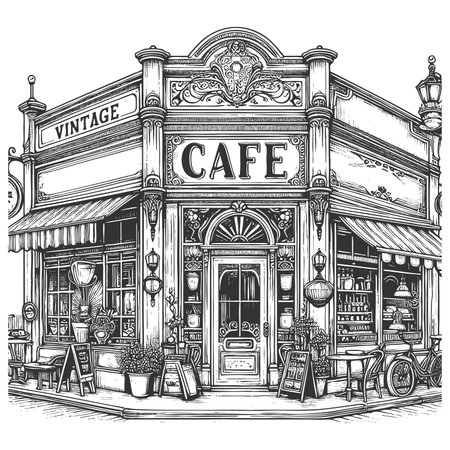 charming outdoor street cafe with tables, chrs, awning, and storefront window display sketch engraving raster illustration. Scratch board imitation. Black and white image.の写真素材