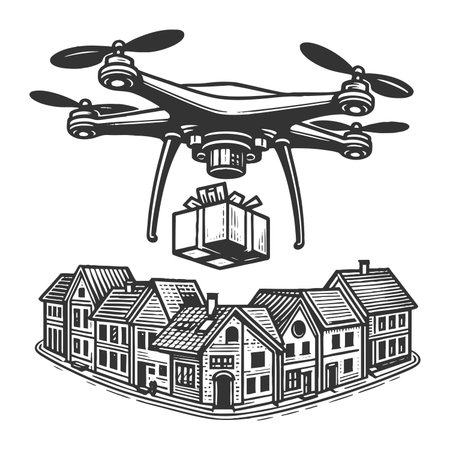 drone flying above suburban houses while delivering a package, symbolizing modern logistics sketch engraving raster illustration. Scratch board imitation. Black and white image.の写真素材