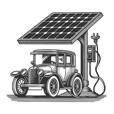 vintage car connected to solar-powered electric charging station, blending history and clean energy sketch engraving raster illustration. Scratch board imitation. Black and white image.の写真素材