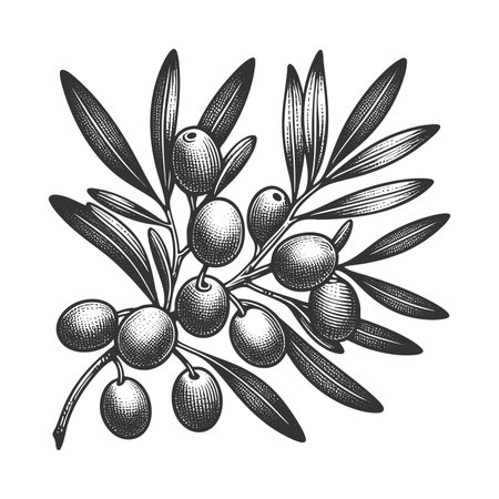 olive branch with ripe olives plant food sketch engraving raster illustration. Scratch board imitation. Black and white image.の写真素材