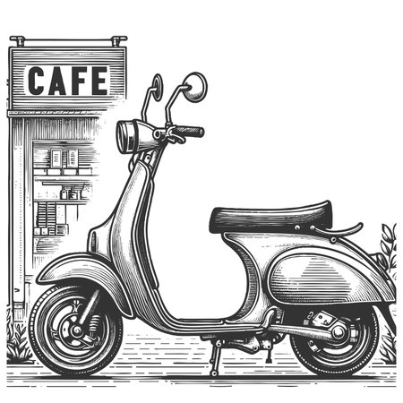 scooter parked in front of a cafe storefront, evoking retro European street charm and travel sketch engraving raster illustration. Scratch board imitation. Black and white image.の写真素材