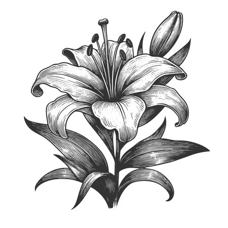 Lily Flower sketch engraving fictional character raster illustration. Scratch board imitation. Black and white image.の写真素材