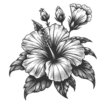 hibiscus flowers and leaves sketch engraving fictional character raster illustration. Scratch board imitation. Black and white image.の写真素材