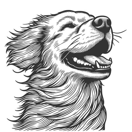 joyful dog with flowing fur sketch engraving raster illustration. Scratch board imitation. Black and white image.の写真素材