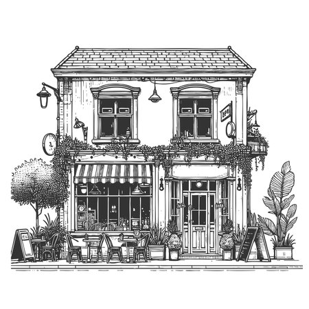 charming outdoor street cafe with tables, chrs, awning, and storefront window display sketch engraving raster illustration. Scratch board imitation. Black and white image.の写真素材
