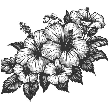 hibiscus flowers and leaves sketch engraving fictional character raster illustration. Scratch board imitation. Black and white image.の写真素材