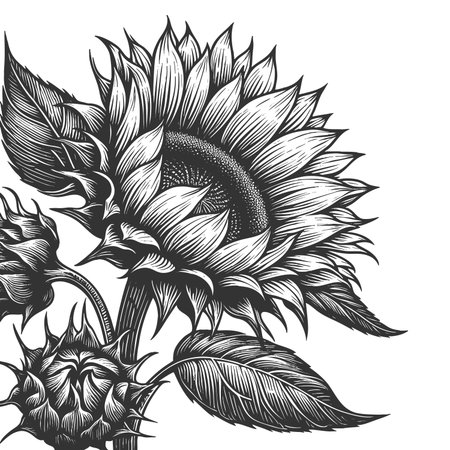 blooming sunflower with intricate detl, ideal for botanical art and natural designs sketch engraving raster illustration. Scratch board imitation. Black and white image.の写真素材