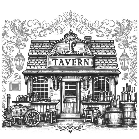 rustic tavern cottage with barrels, wooden cart, flowers, and detled architecture sketch engraving raster illustration. Scratch board imitation. Black and white image.の写真素材