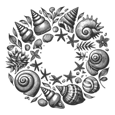 seashells and a starfish in a circular composition, ideal for coastal and nautical designs sketch engraving raster illustration. Scratch board imitation. Black and white image.の写真素材