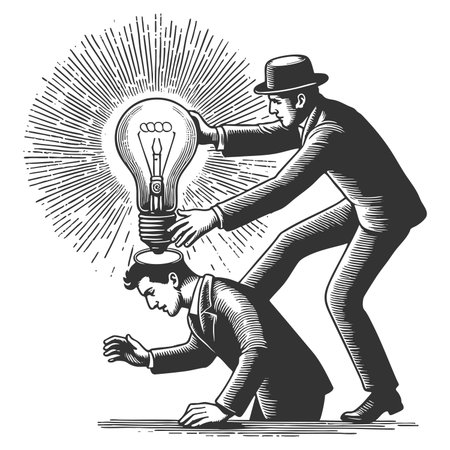idea theft, inspiration, or manipulation sketch engraving fictional character raster illustration. Scratch board imitation. Black and white image.の写真素材