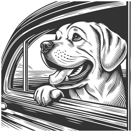 happy dog with its head out of a moving car window, fur blowing in the wind sketch engraving raster illustration. Scratch board imitation. Black and white image.の写真素材