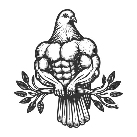 strong, muscular dove gripping branch sketch engraving raster illustration. Scratch board imitation. Black and white image.の写真素材