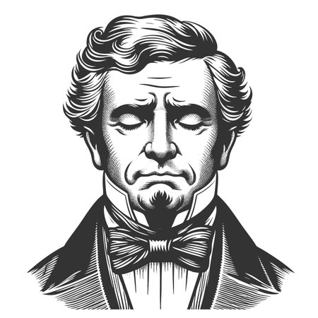 solemn funny young man with closed eyes sketch engraving fictional character raster illustration. Scratch board imitation. Black and white image.の写真素材