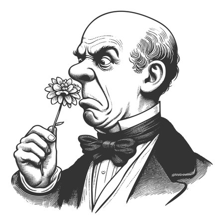 Funny stern bald man in formal attire holding and sniffing a dsy with visible displeasure sketch engraving fictional character raster illustration. Scratch board. Black and white.の写真素材