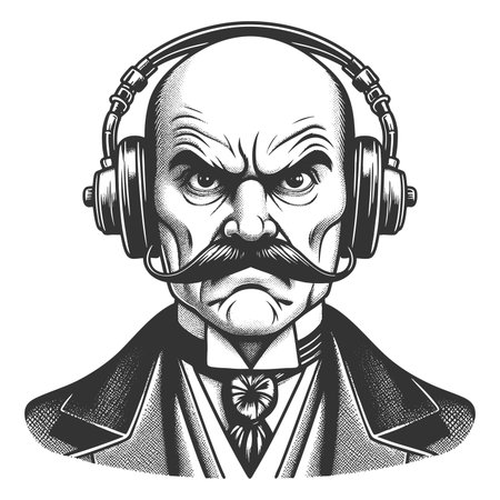 stern bald man with a curled mustache, wearing modern headphones and an intense expression sketch engraving fictional character raster illustration. Scratch board. Black and white image.の写真素材
