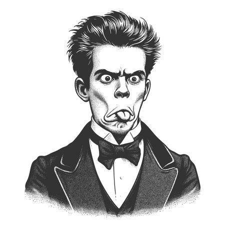 young man in formal attire making a ridiculous face with tongue out and wild expression sketch engraving fictional character raster illustration. Scratch board. Black and white image.の写真素材