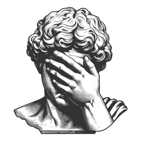 classical statue in a facepalm pose, capturing a moment of frustration and contemplation sketch engraving raster illustration. Scratch board imitation. Black and white image.の写真素材